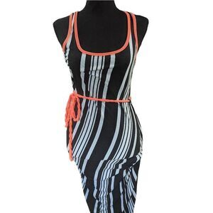 Derek Heart Black and White Striped Dress Orange Outline Long Tie Wrap Dress